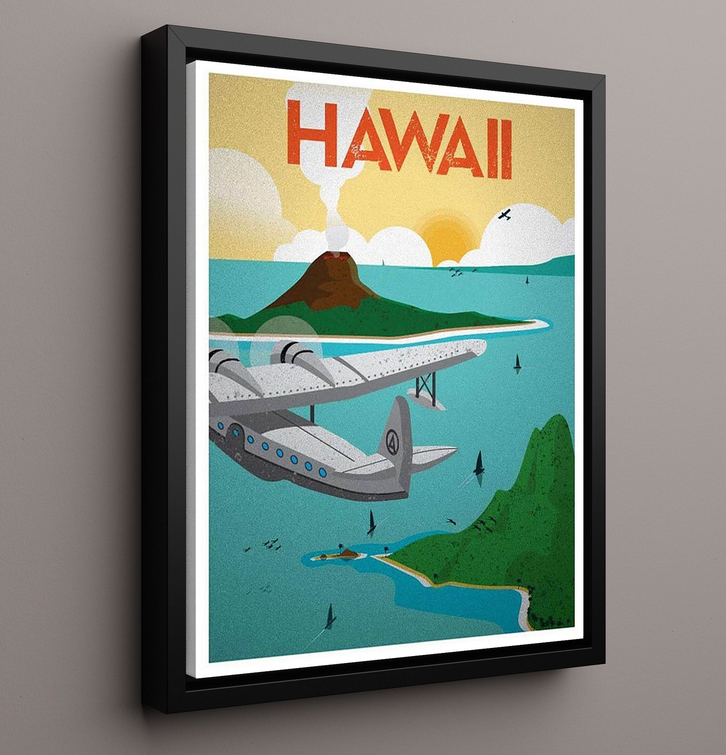 Hawaii Seaplane Vintage Travel Print 16x20 Framed Canvas travel wall art print