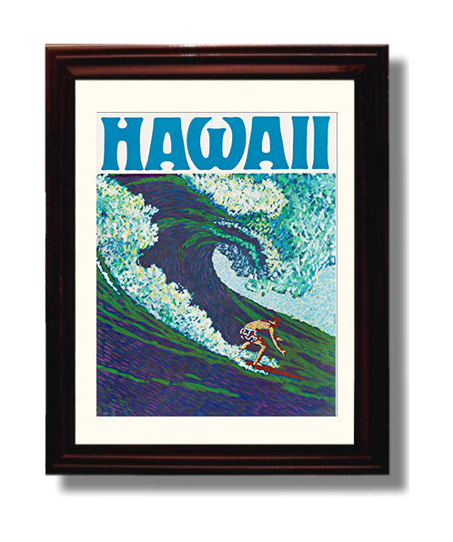Hawaii Surfing Vintage Travel Print 8x10 Beveled Frame travel wall art print