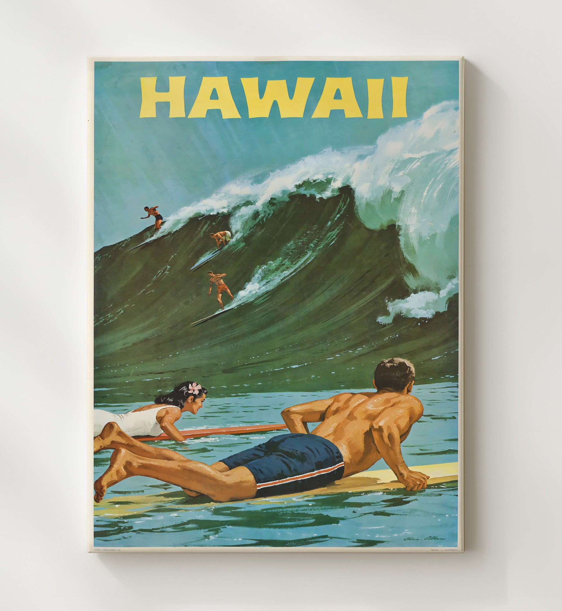 Hawaii Surfing Scene Vintage Travel Print 20x24 Canvas travel wall art print