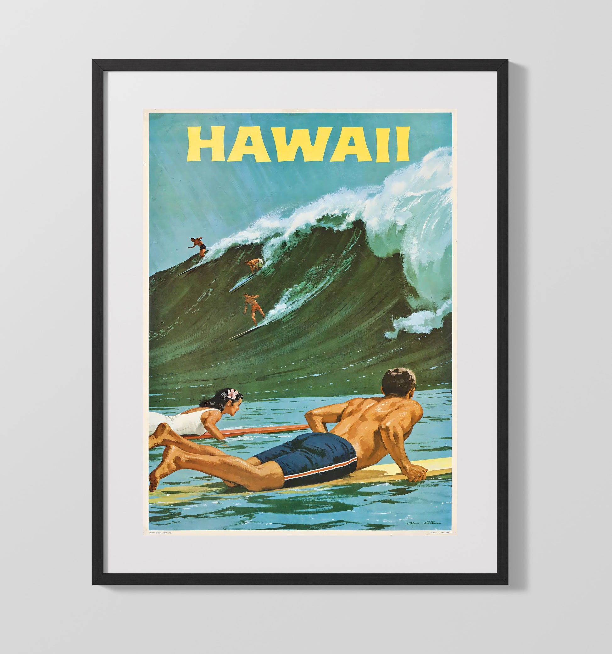 Hawaii Surfing Scene Vintage Travel Print 16x20 Gallery Frame travel wall art print