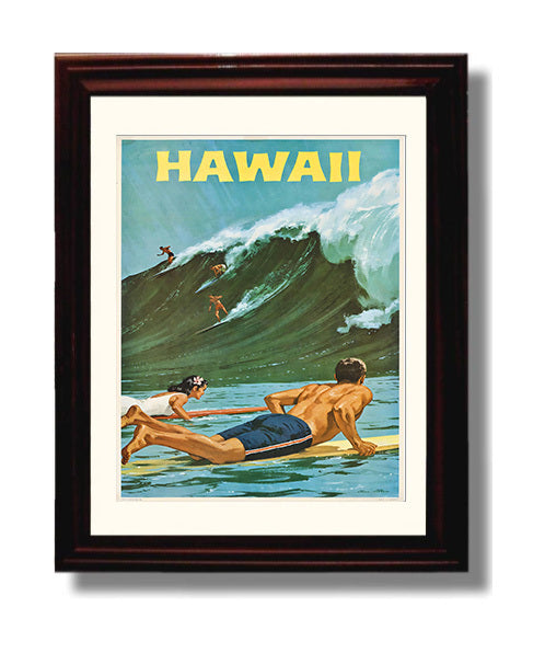 Hawaii Surfing Scene Vintage Travel Print 8x10 Beveled Frame travel wall art print