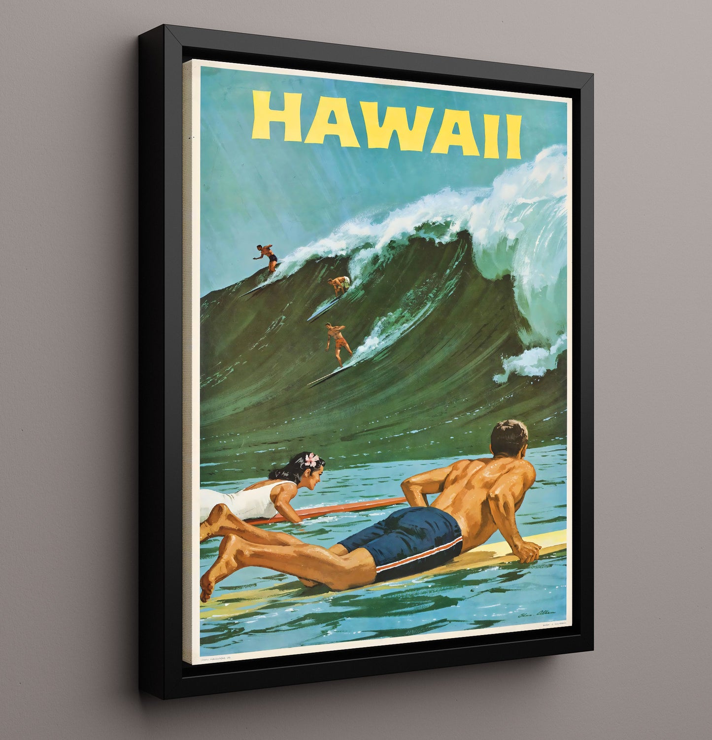 Hawaii Surfing Scene Vintage Travel Print 16x20 Framed Canvas travel wall art print