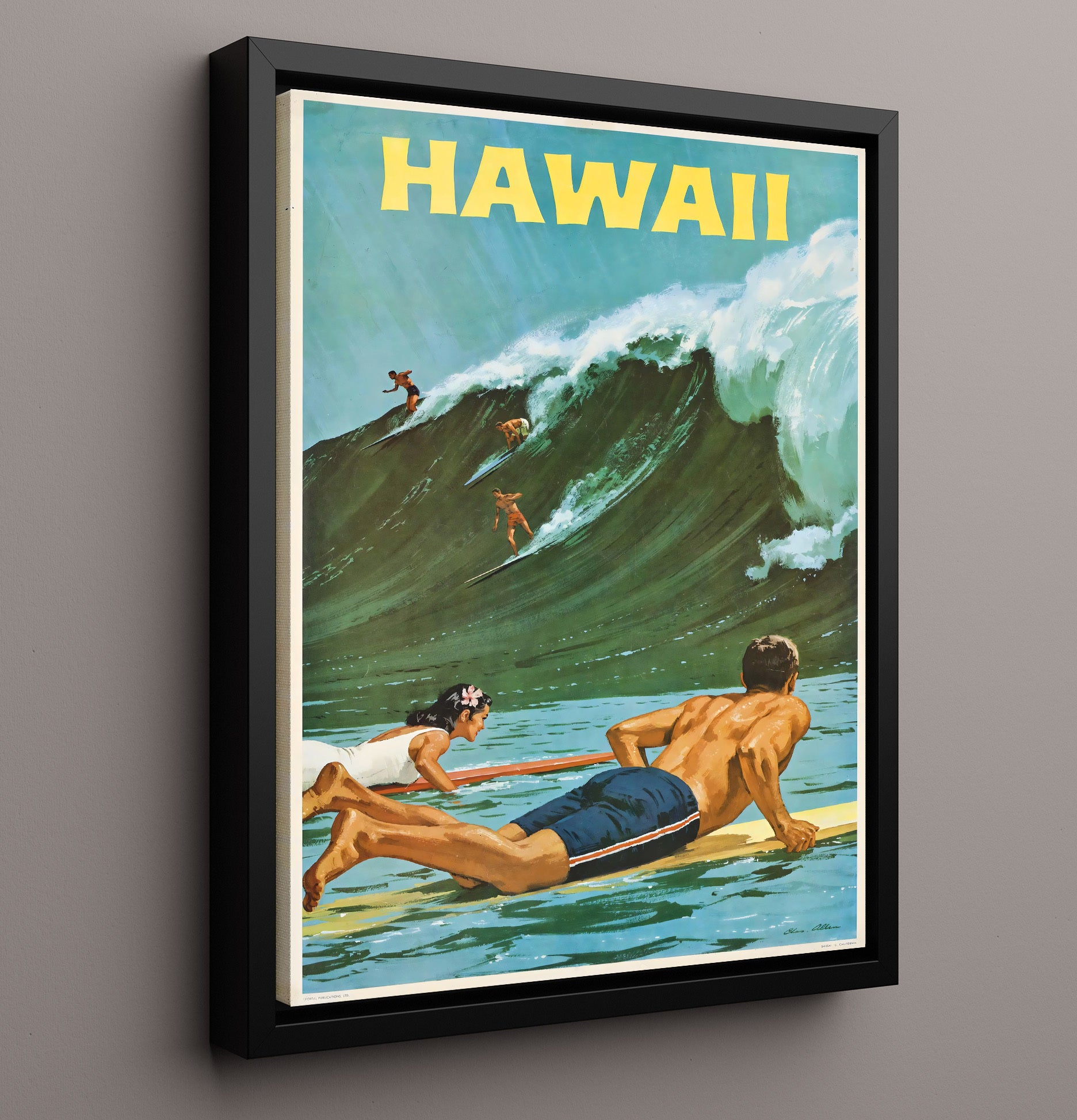 Hawaii Surfing Scene Vintage Travel Print 16x20 Framed Canvas travel wall art print