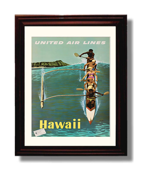 Hawaii United Airlines Vintage Travel Print 8x10 Beveled Frame travel wall art print