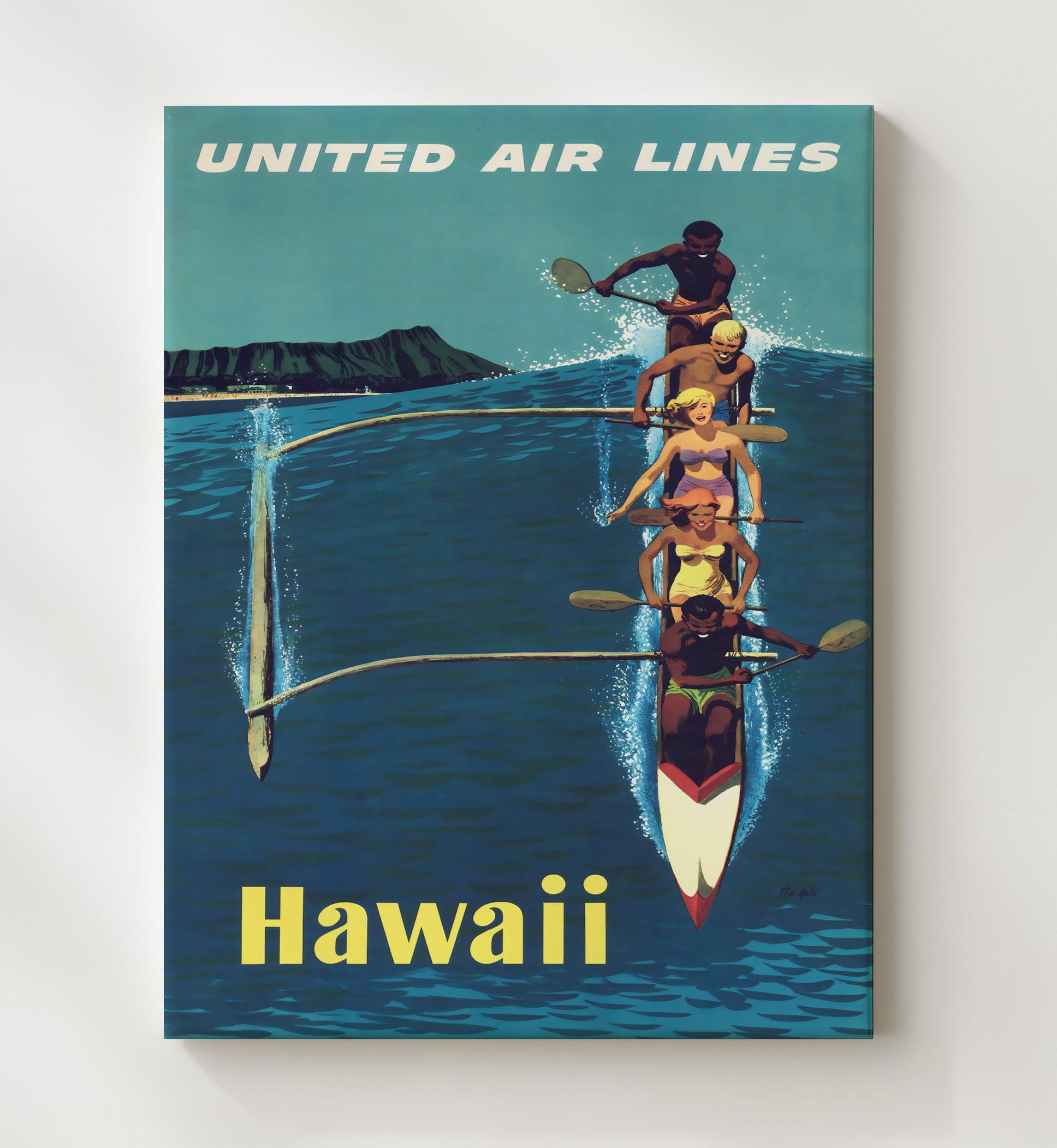 Hawaii United Airlines Canoe Vintage Travel Print 20x24 Canvas travel wall art print