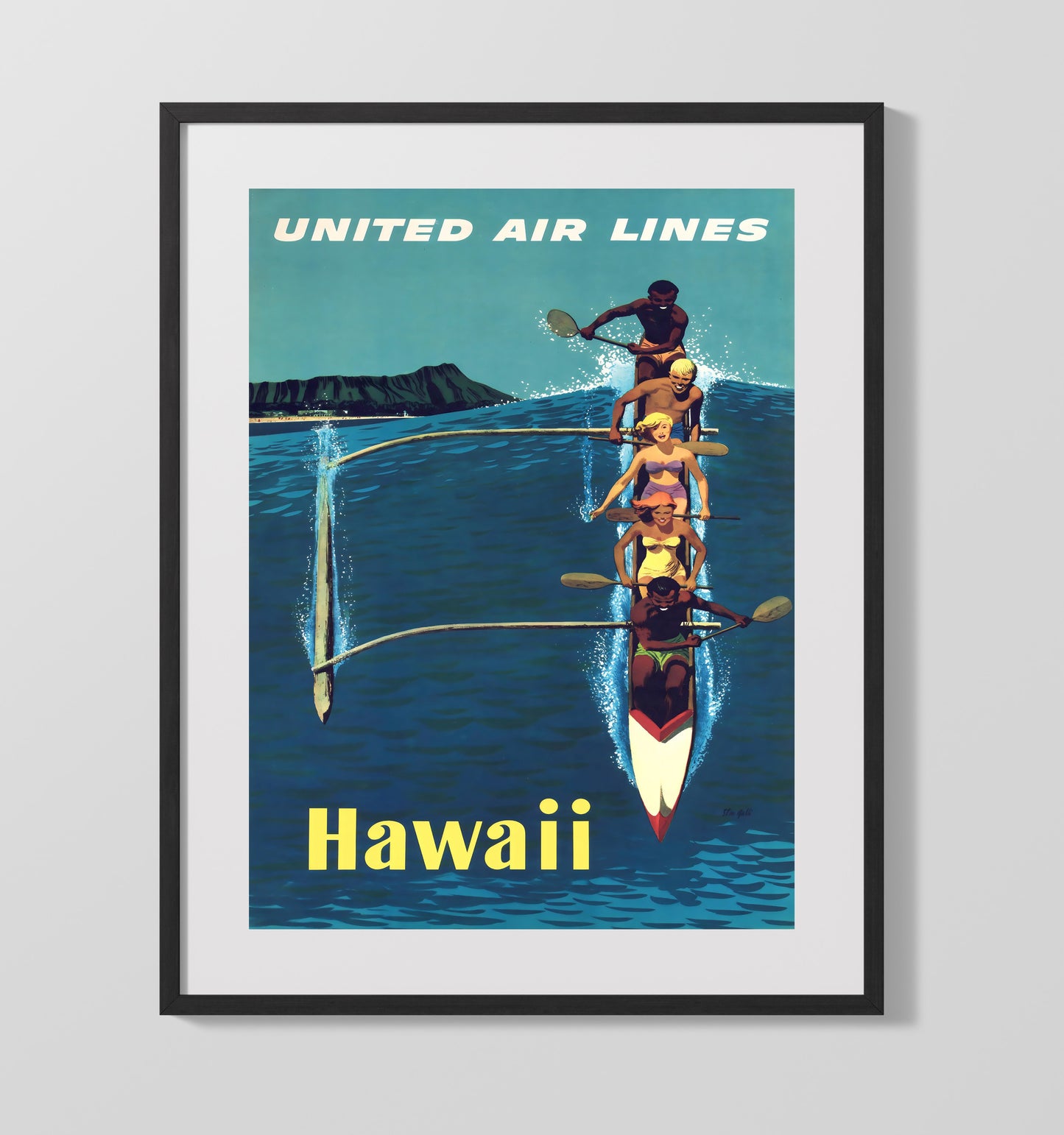 Hawaii United Airlines Canoe Vintage Travel Print 16x20 Gallery Frame travel wall art print