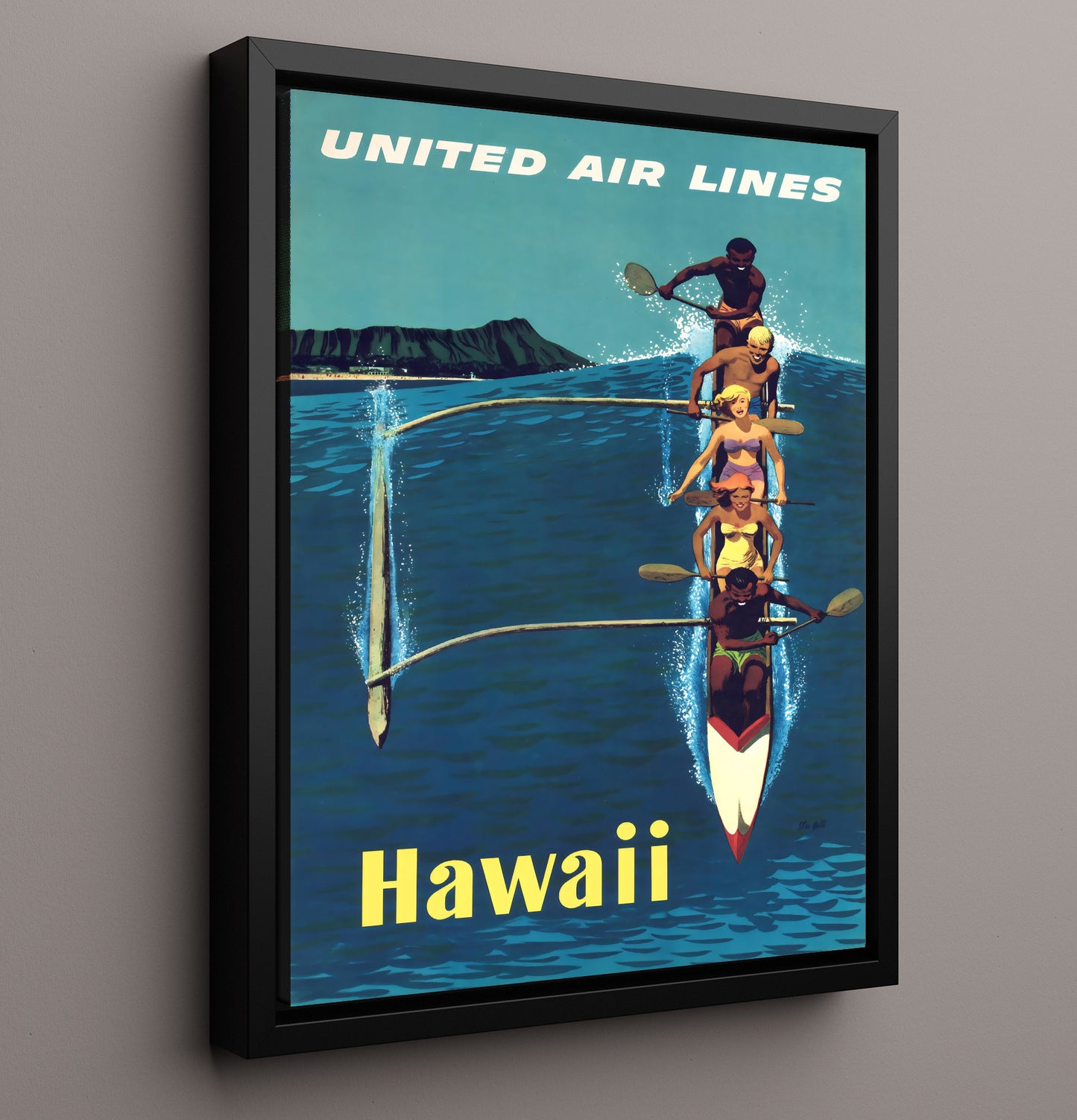 Hawaii United Airlines Canoe Vintage Travel Print 16x20 Framed Canvas travel wall art print
