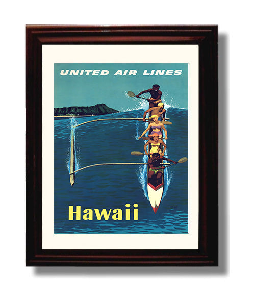 Hawaii United Airlines Canoe Vintage Travel Print 8x10 Beveled Frame travel wall art print