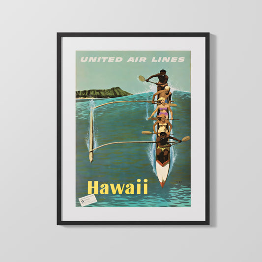 Classic Travel Poster - Hawaii - United Airlines Canoe