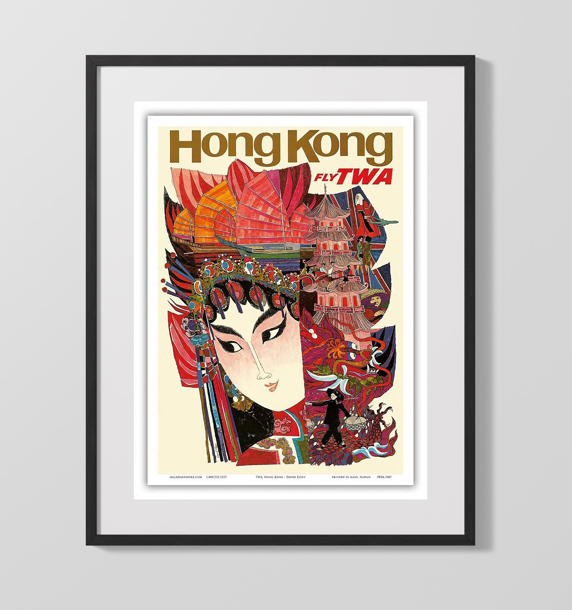 Hong Kong Fly TWA Vintage Travel Print 16x20 Gallery Frame travel wall art print