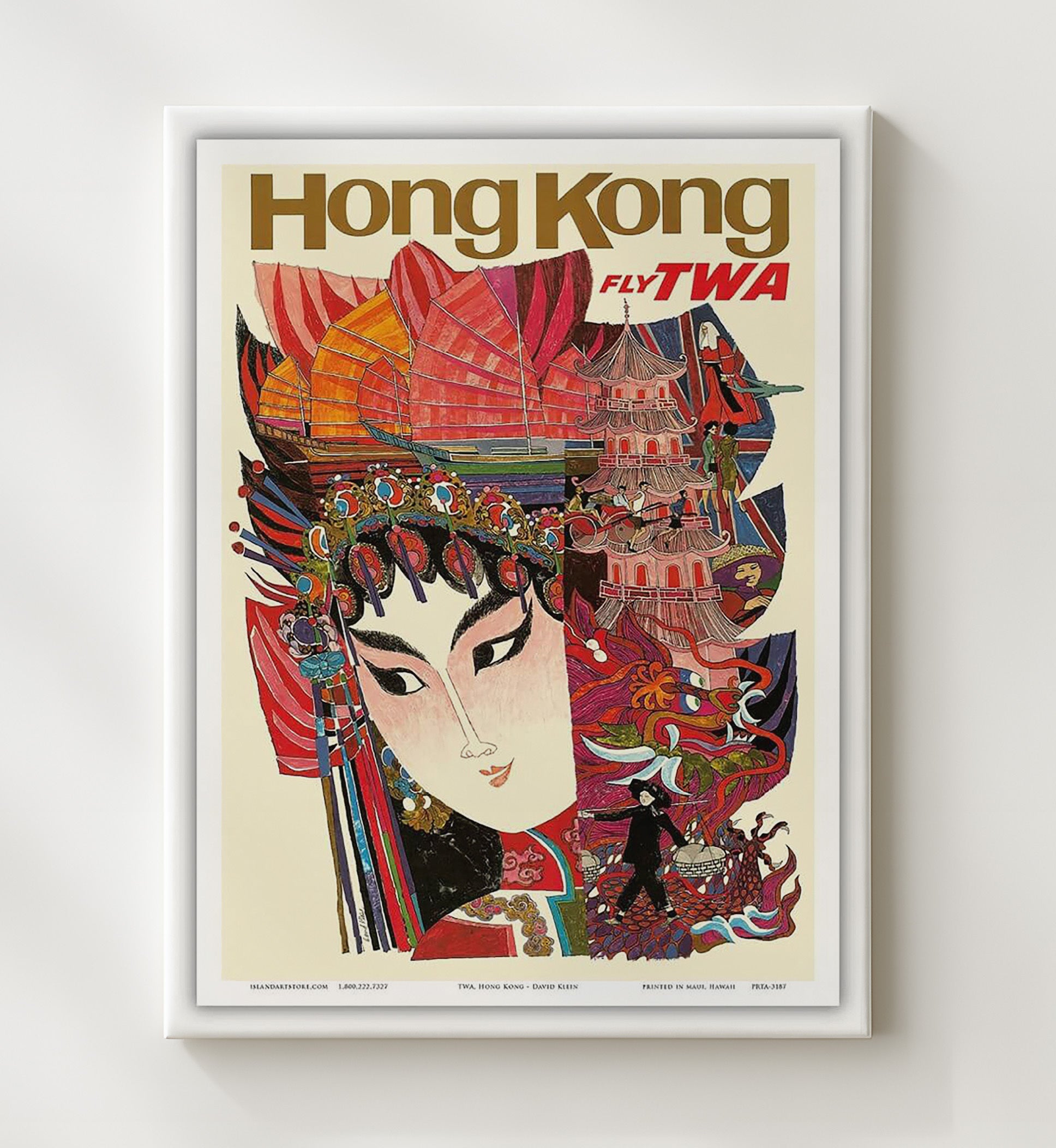 Hong Kong Fly TWA Vintage Travel Print 20x24 Canvas travel wall art print
