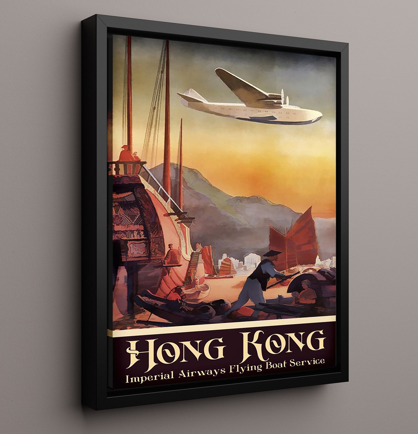 Hong Kong Imperial Airways Flying Boat Vintage Travel Print 16x20 Framed Canvas travel wall art print
