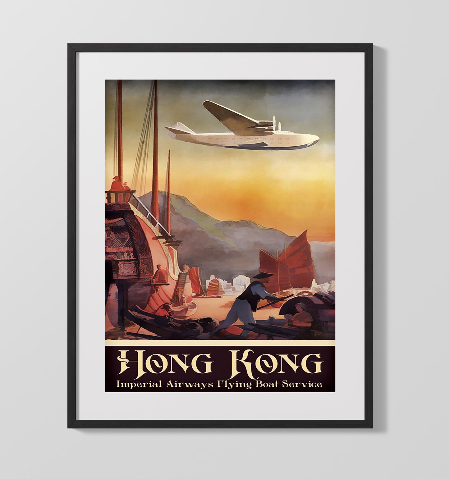 Hong Kong Imperial Airways Flying Boat Vintage Travel Print 16x20 Gallery Frame travel wall art print