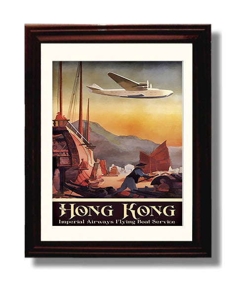 Hong Kong Imperial Airways Flying Boat Vintage Travel Print 8x10 Beveled Frame travel wall art print