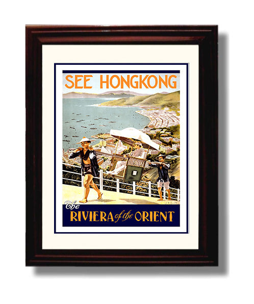 Hong Kong Poster Vintage Travel Print 8x10 Beveled Frame travel wall art print