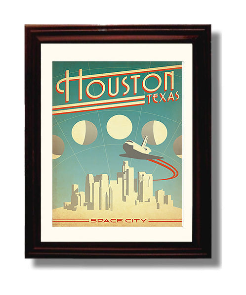 Houston Space City Vintage Travel Print 8x10 Beveled Frame travel wall art print