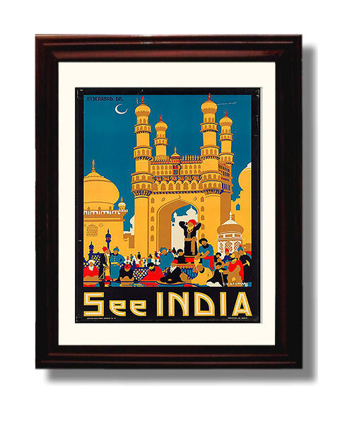Hyderabad Charminar See India Vintage Travel Print 8x10 Beveled Frame travel wall art print