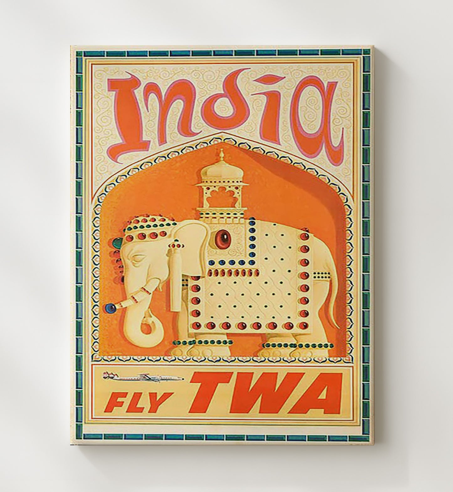 India Fly TWA Vintage Travel Print 20x24 Canvas travel wall art print