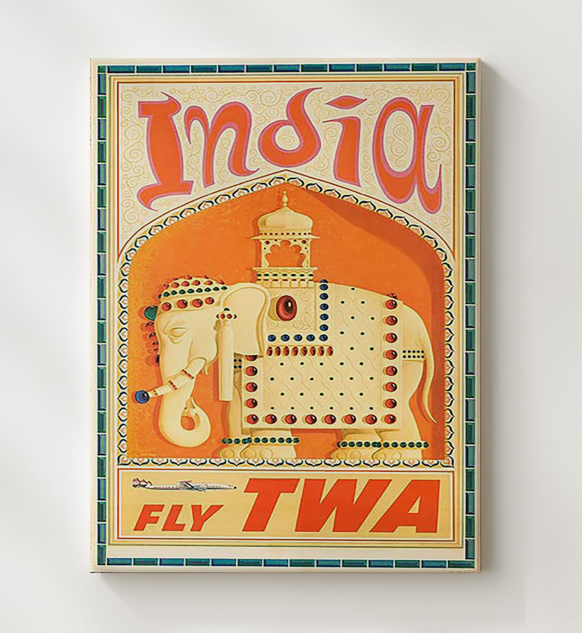 India Fly TWA Vintage Travel Print 20x24 Canvas travel wall art print