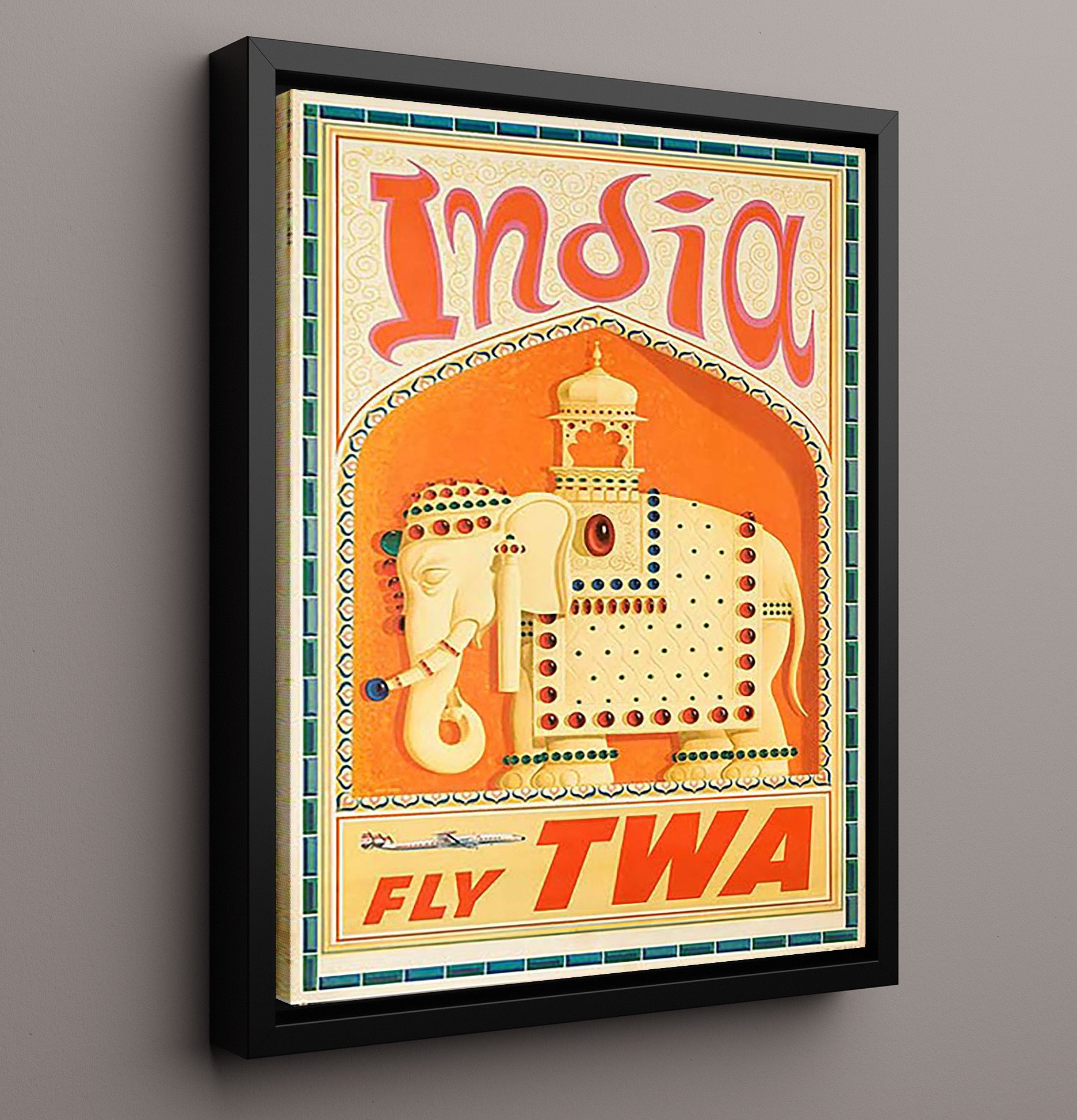 India Fly TWA Vintage Travel Print 16x20 Framed Canvas travel wall art print