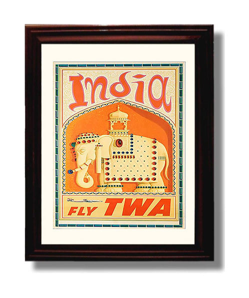 India Fly TWA Vintage Travel Print 8x10 Beveled Frame travel wall art print