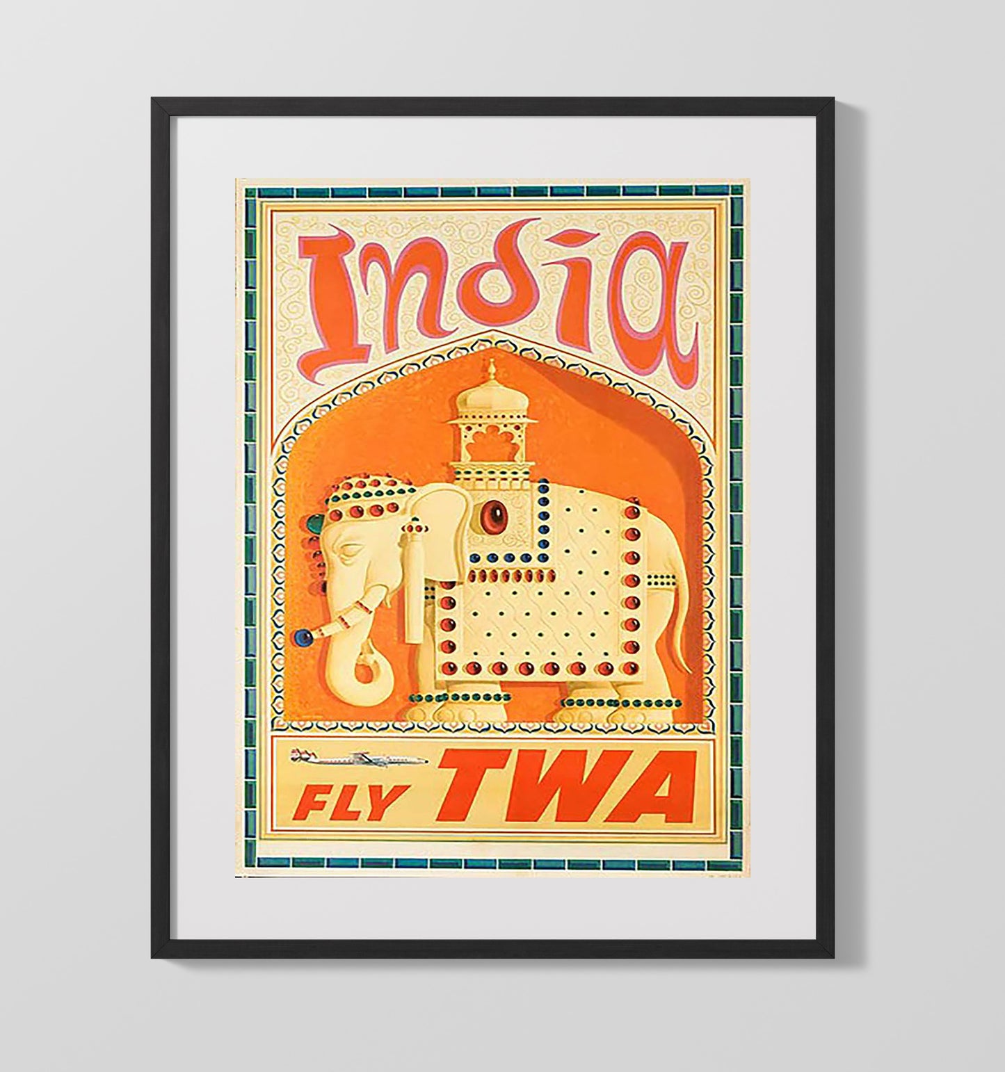 India Fly TWA Vintage Travel Print 16x20 Gallery Frame travel wall art print