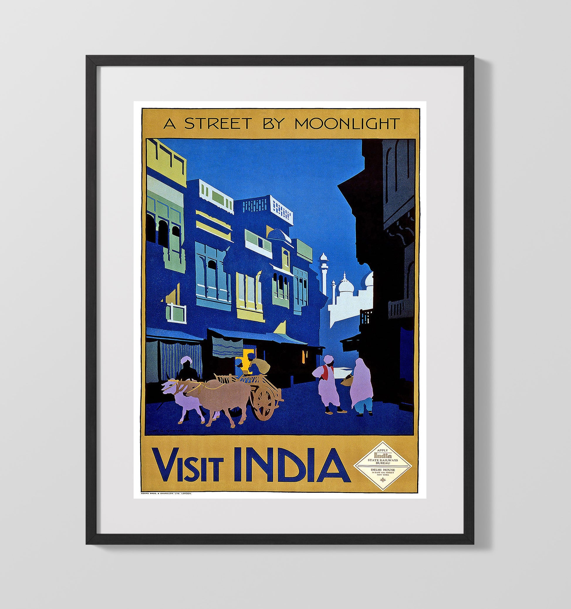 India Moonlight Vintage Travel Print 16x20 Gallery Frame travel wall art print
