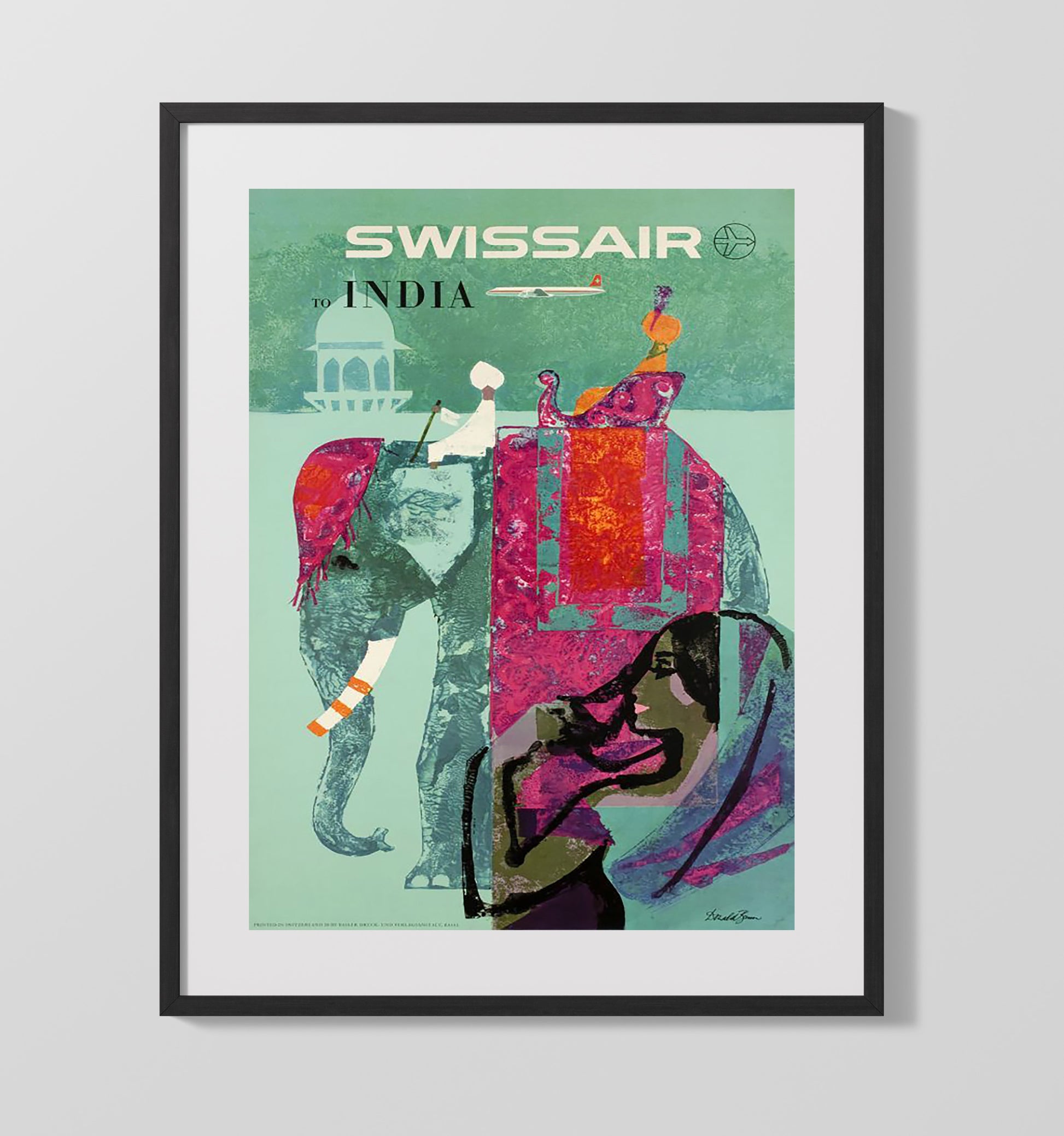 India Swissair Elephant Vintage Travel Print 16x20 Gallery Frame travel wall art print