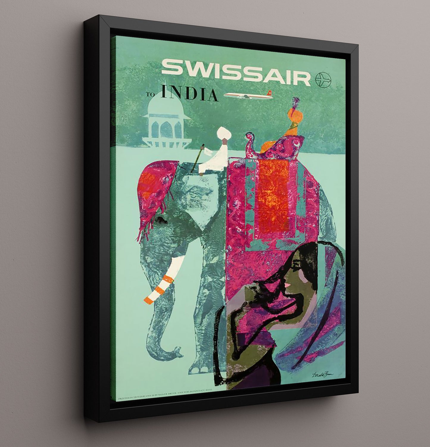 India Swissair Elephant Vintage Travel Print 16x20 Framed Canvas travel wall art print