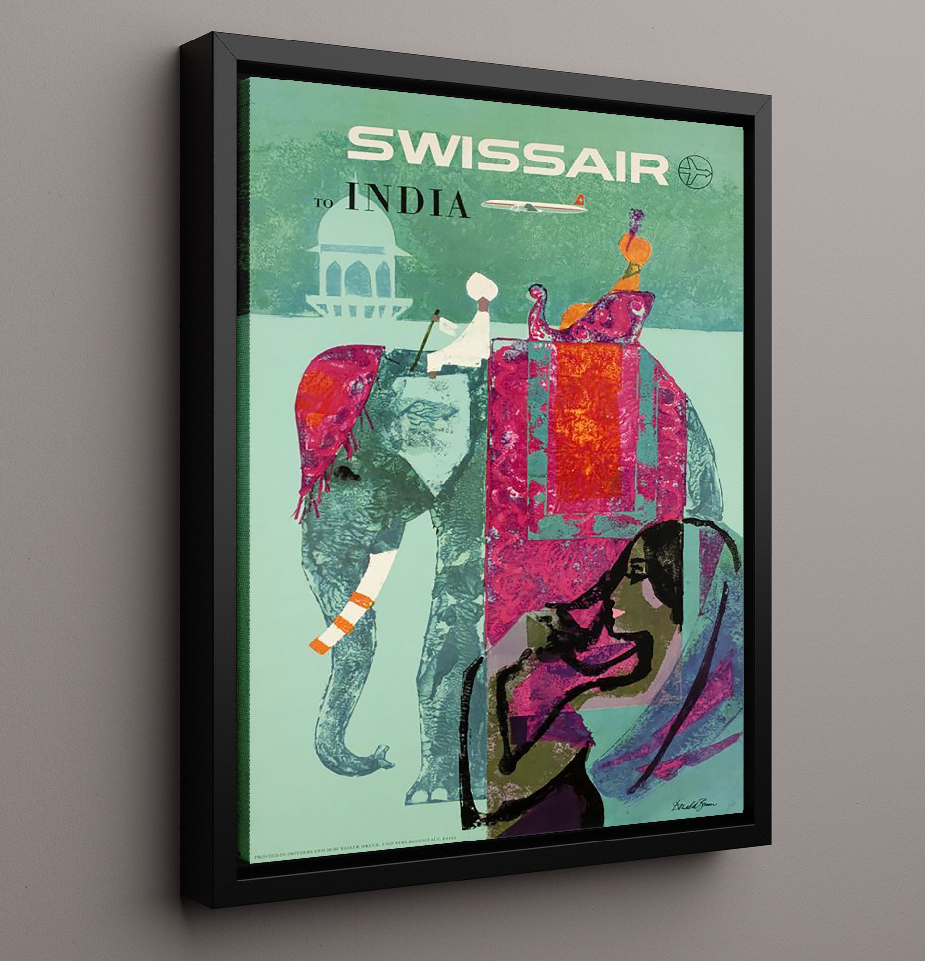 India Swissair Elephant Vintage Travel Print 16x20 Framed Canvas travel wall art print