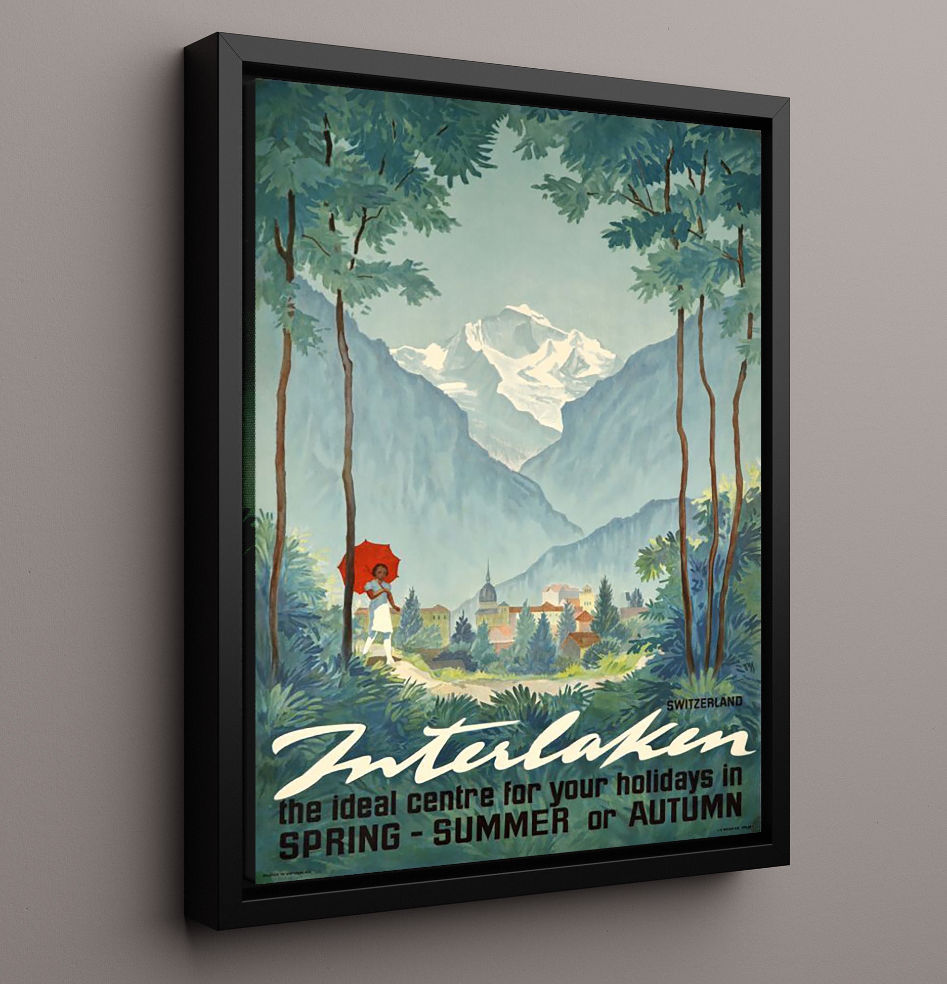Interlaken Jungfrau Region Vintage Travel Print 16x20 Framed Canvas travel wall art print