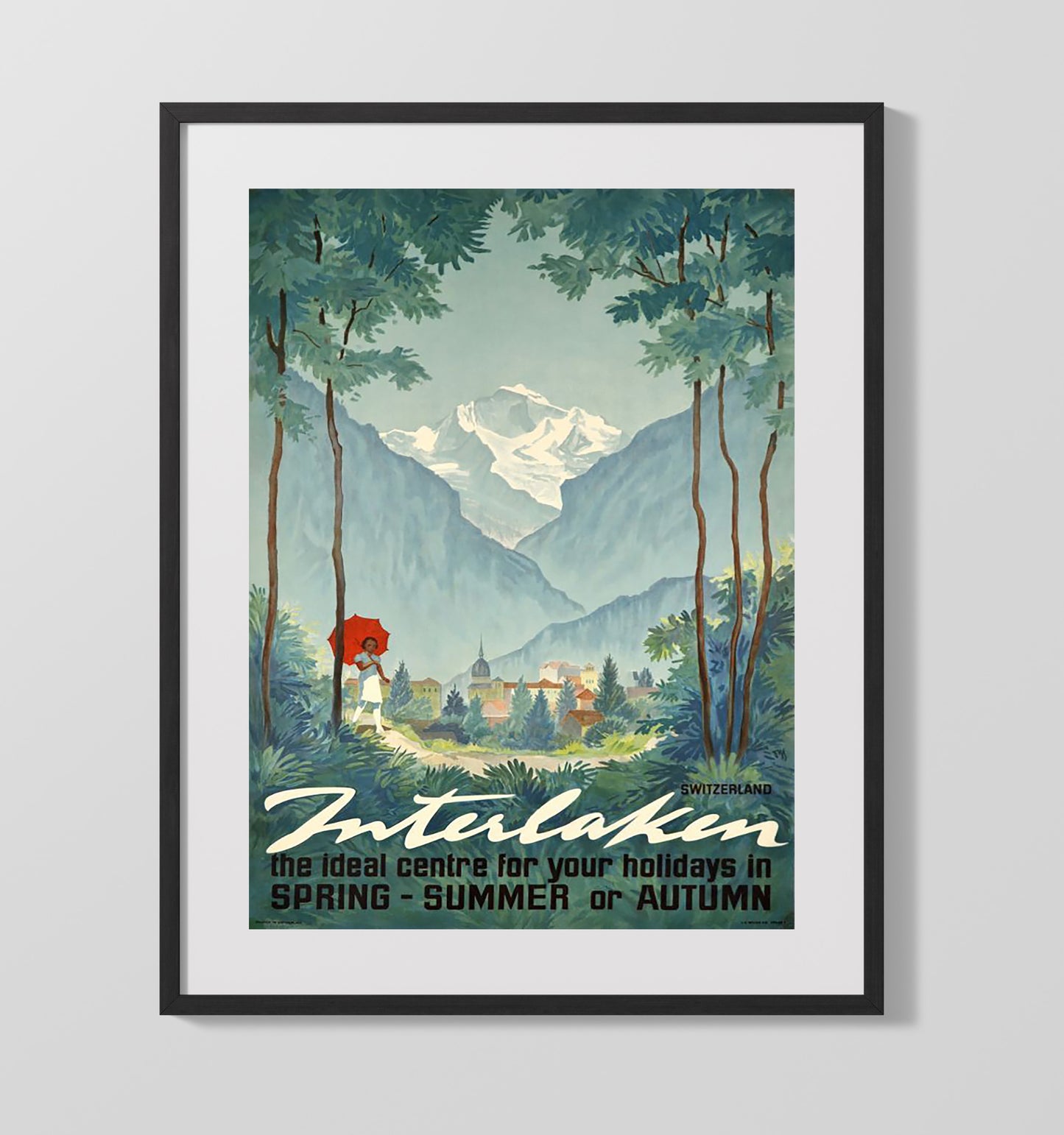 Interlaken Jungfrau Region Vintage Travel Print 16x20 Gallery Frame travel wall art print