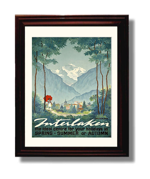 Interlaken Jungfrau Region Vintage Travel Print 8x10 Beveled Frame travel wall art print