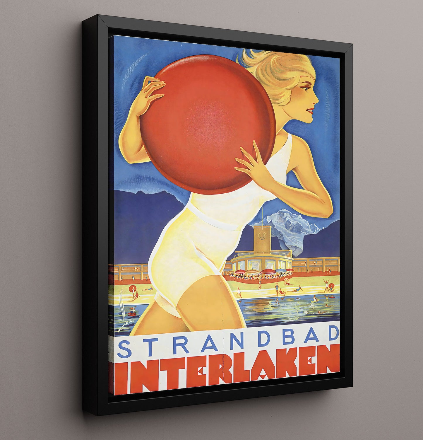 Interlaken Strandbad Vintage Travel Print 16x20 Framed Canvas travel wall art print