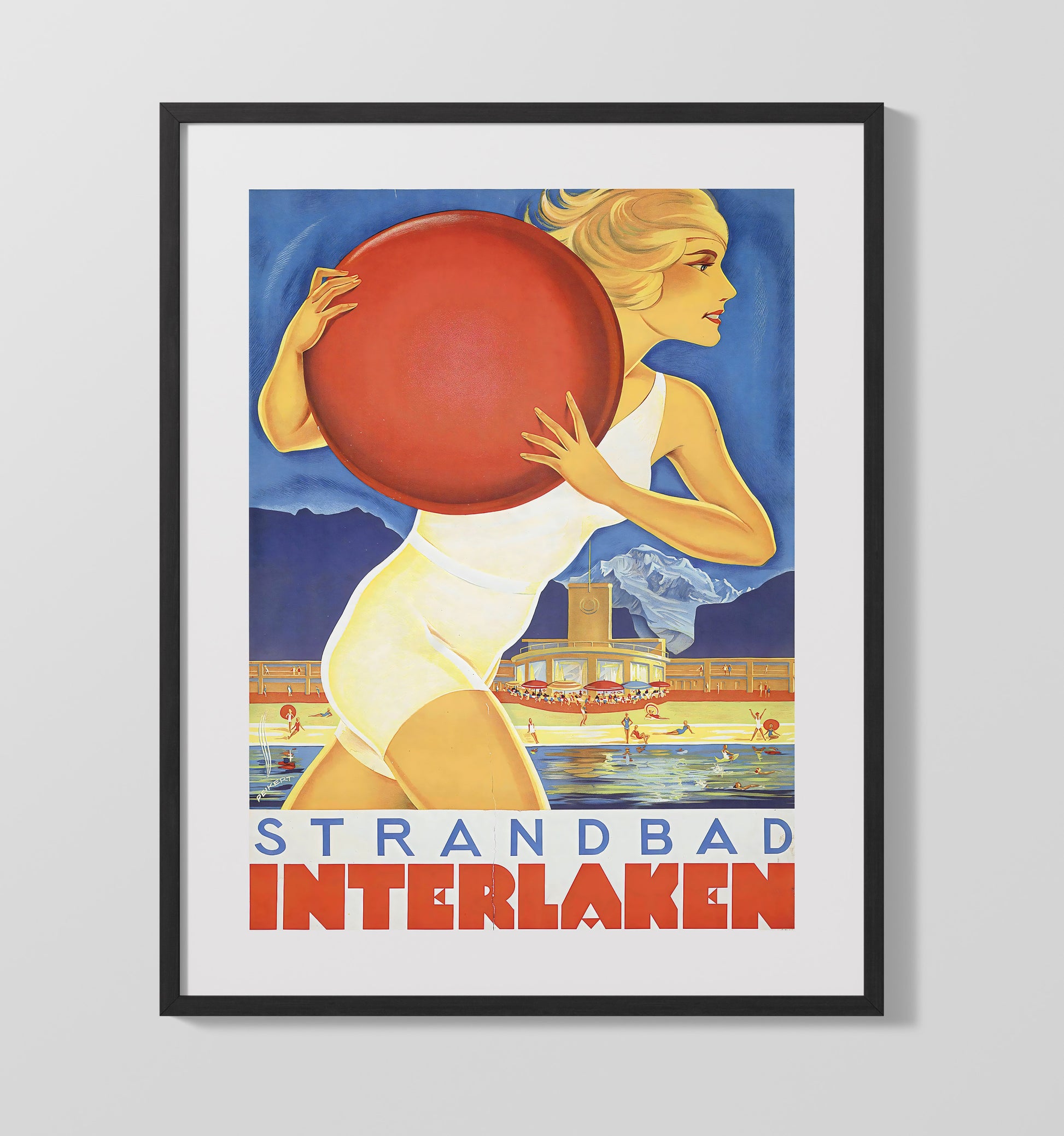 Interlaken Strandbad Vintage Travel Print 16x20 Gallery Frame travel wall art print