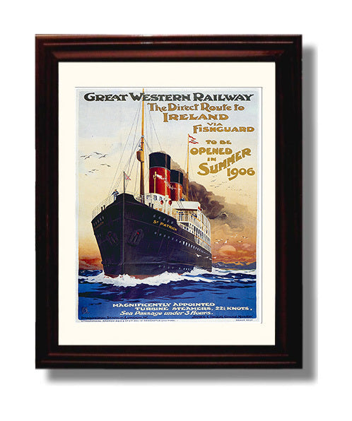 Ireland Fishguard Route Vintage Travel Print 8x10 Beveled Frame travel wall art print