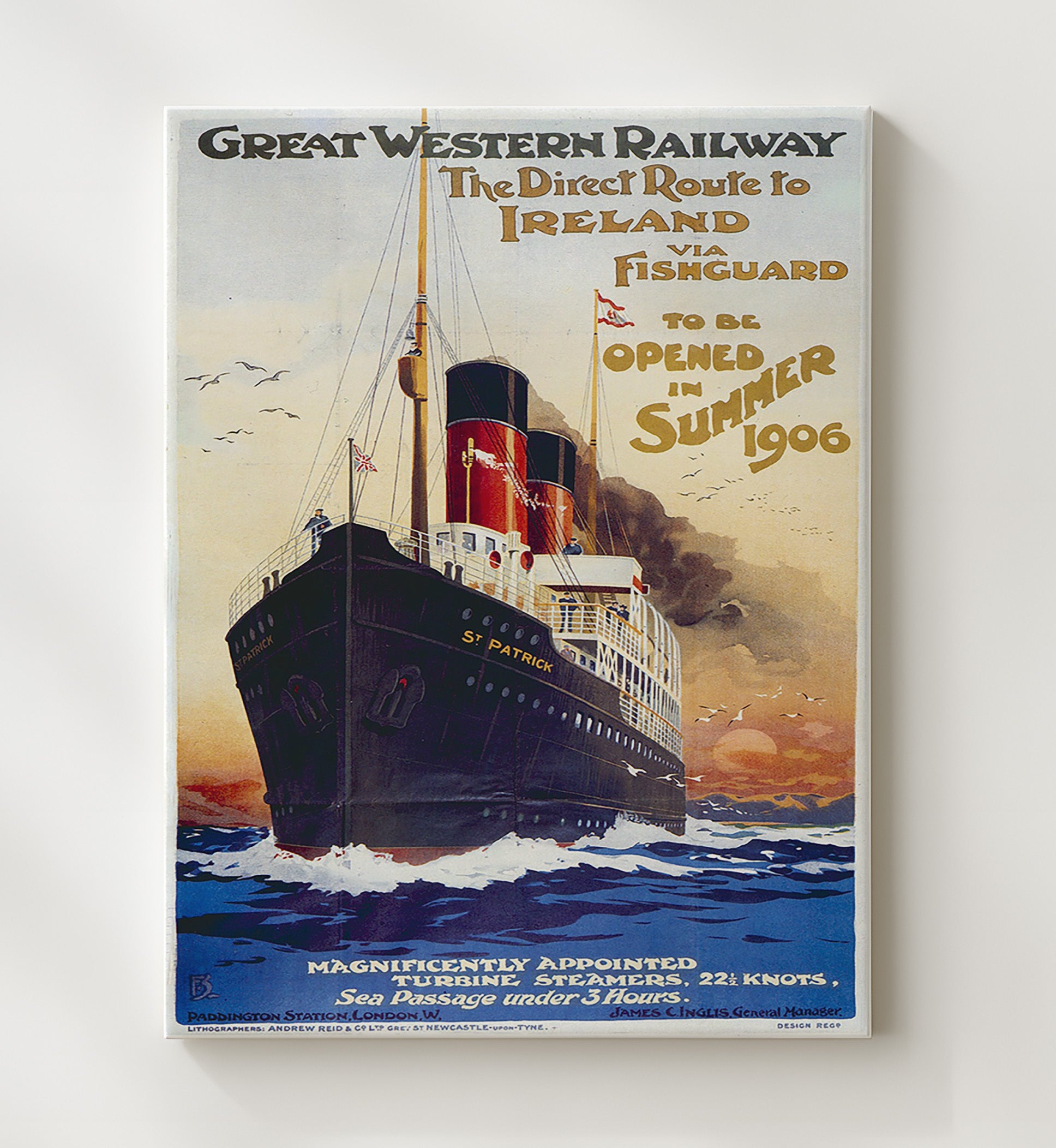 Ireland Fishguard Route Vintage Travel Print 20x24 Canvas travel wall art print