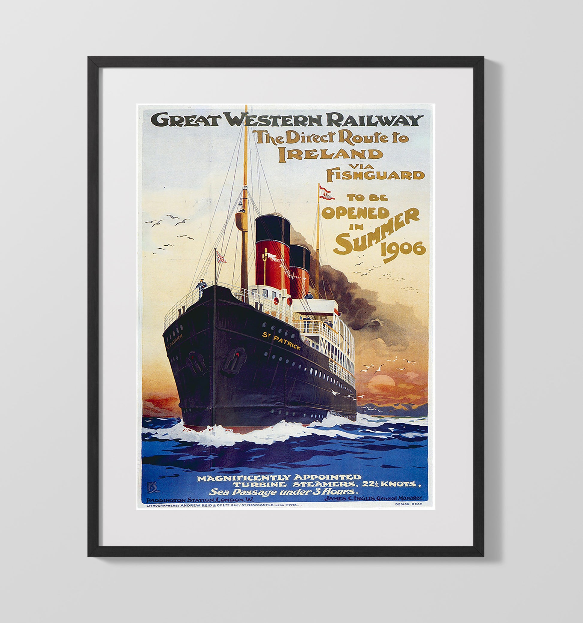 Ireland Fishguard Route Vintage Travel Print 16x20 Gallery Frame travel wall art print