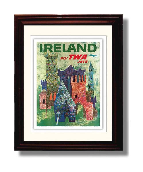 Ireland Fly TWA Jets Vintage Travel Print 8x10 Beveled Frame travel wall art print