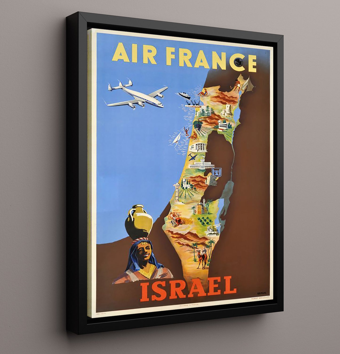 Israel Air France Vintage Travel Print 16x20 Framed Canvas travel wall art print