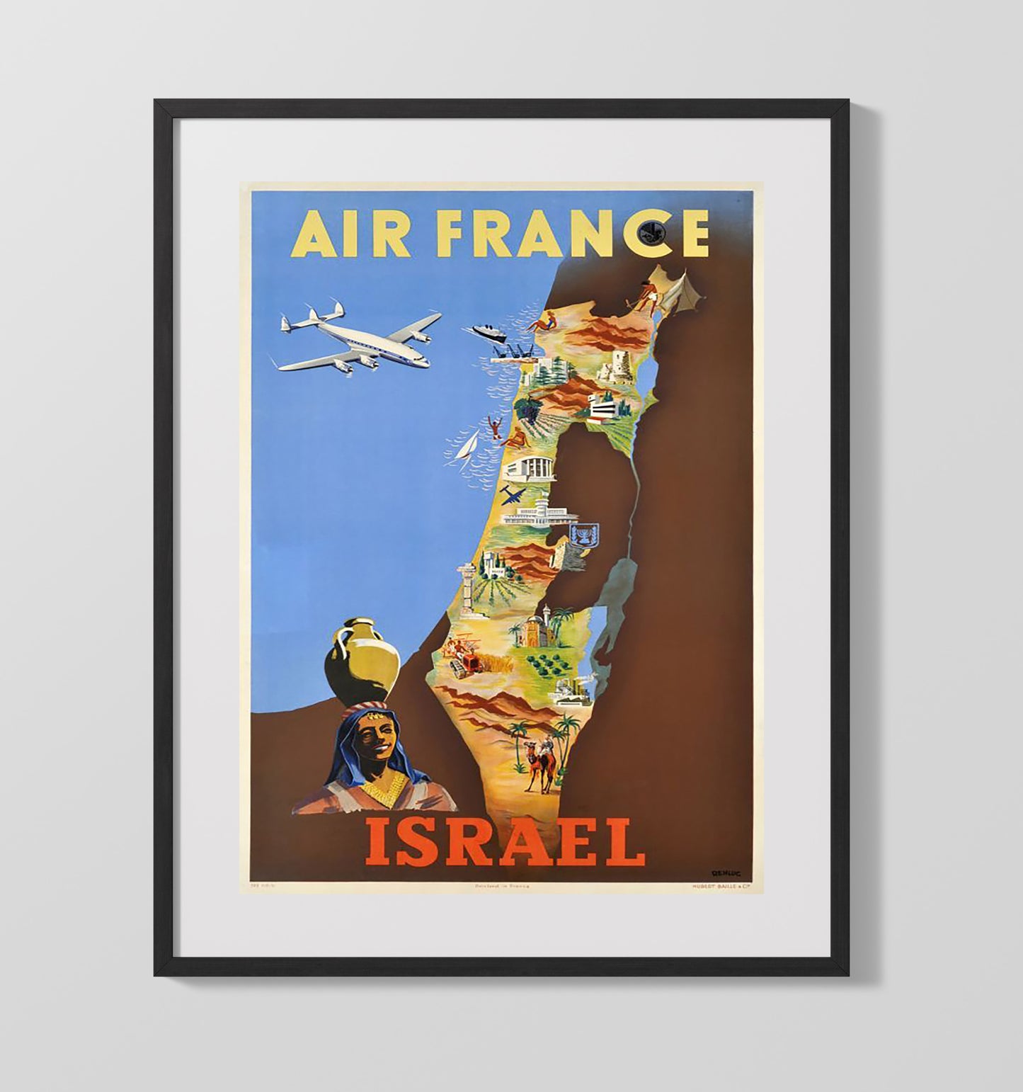 Israel Air France Vintage Travel Print 16x20 Gallery Frame travel wall art print