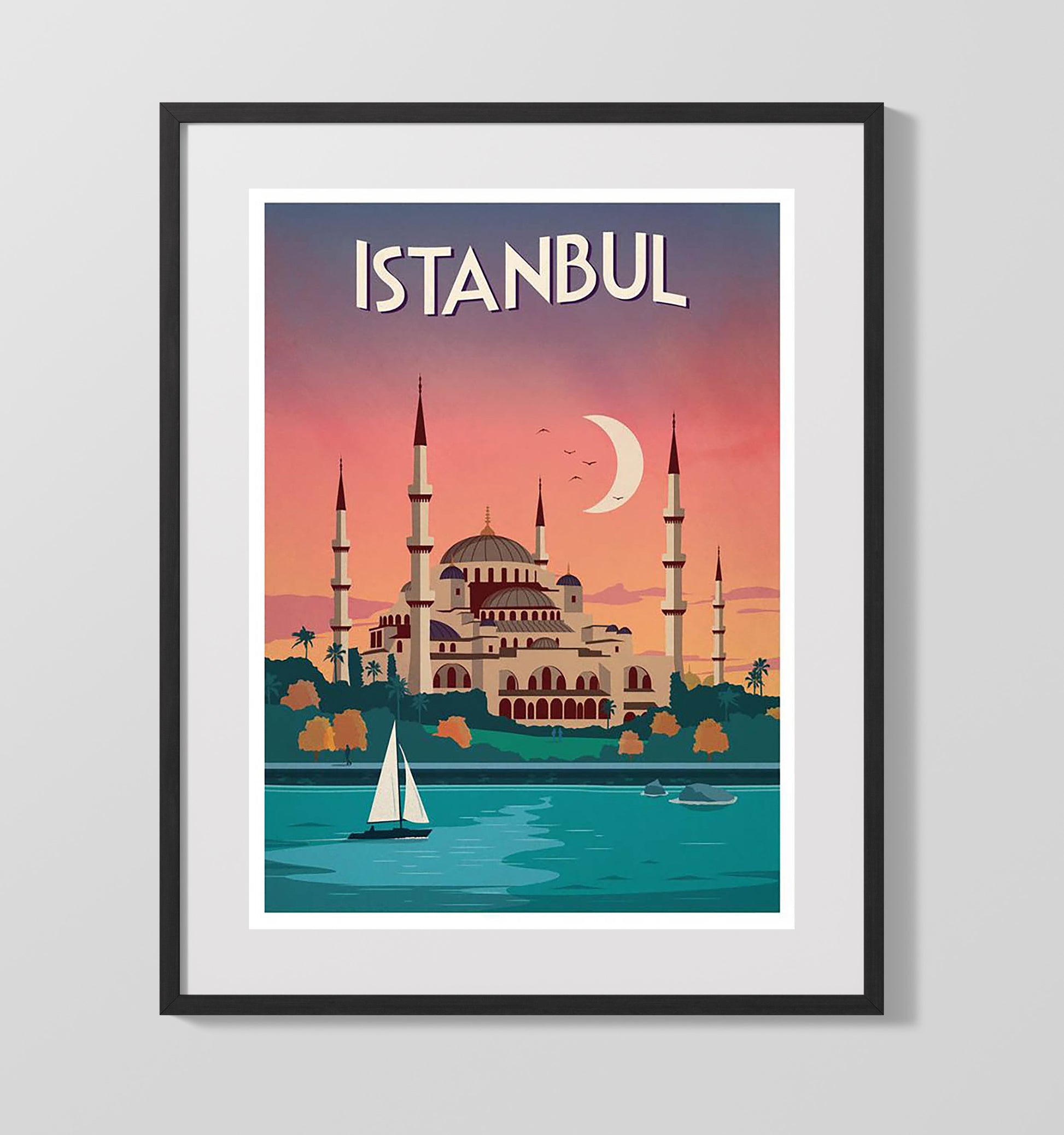Istanbul Mosque at Sunset Vintage Travel Print 16x20 Gallery Frame travel wall art print