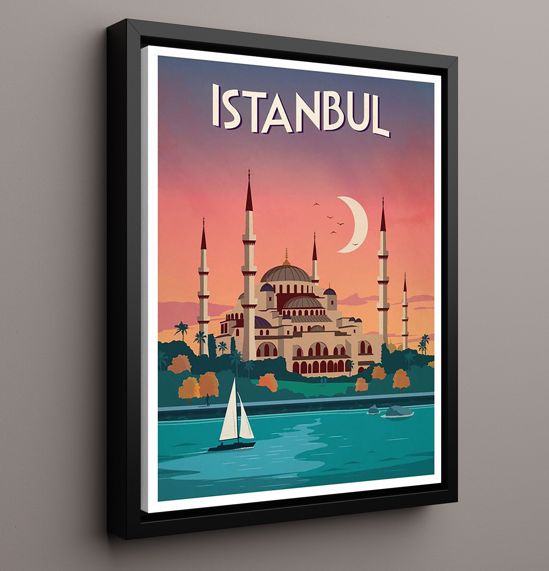 Istanbul Mosque at Sunset Vintage Travel Print 16x20 Framed Canvas travel wall art print