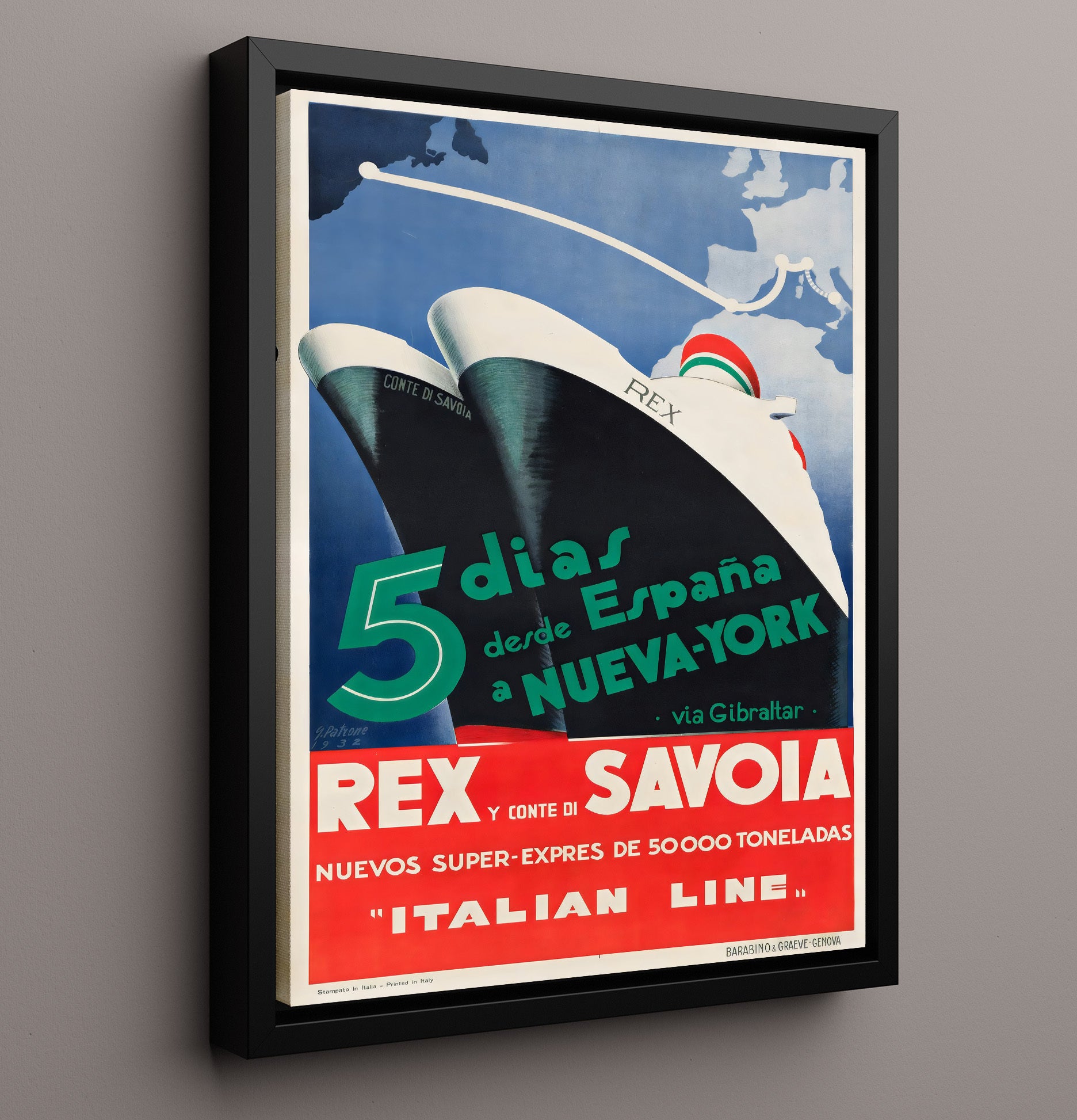 Italian Line Rex Ship Vintage Travel Print 16x20 Framed Canvas travel wall art print