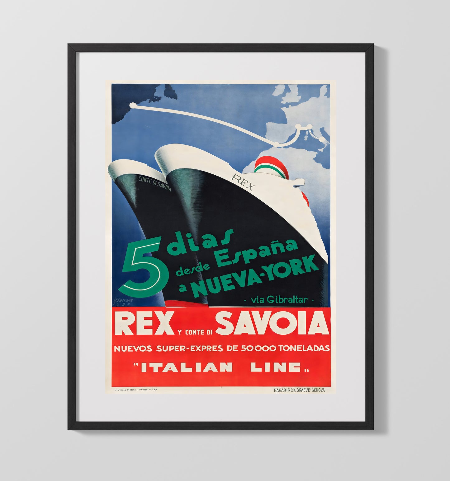 Italian Line Rex Ship Vintage Travel Print 16x20 Gallery Frame travel wall art print