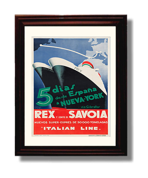 Italian Line Rex Ship Vintage Travel Print 8x10 Beveled Frame travel wall art print