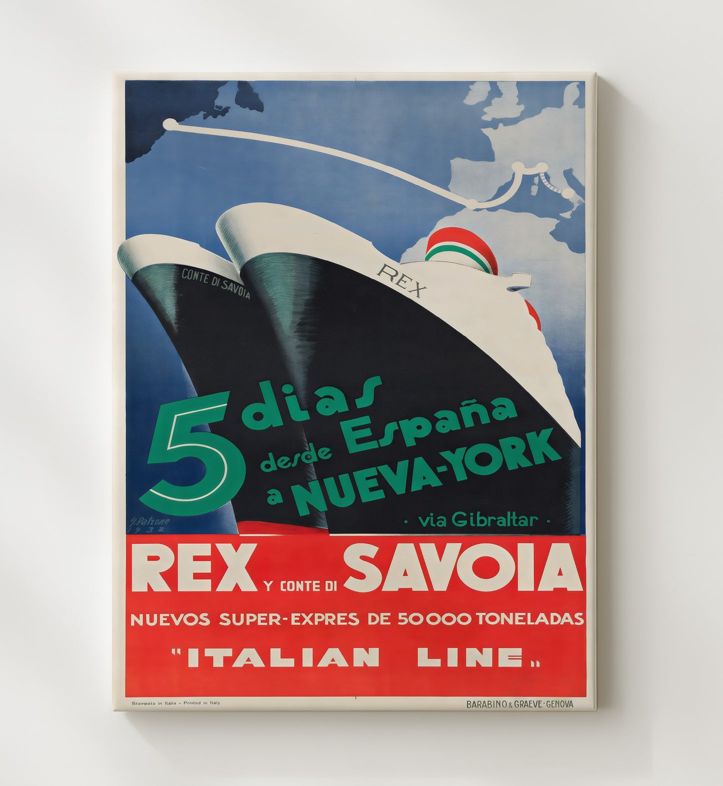 Italian Line Rex Ship Vintage Travel Print 20x24 Canvas travel wall art print