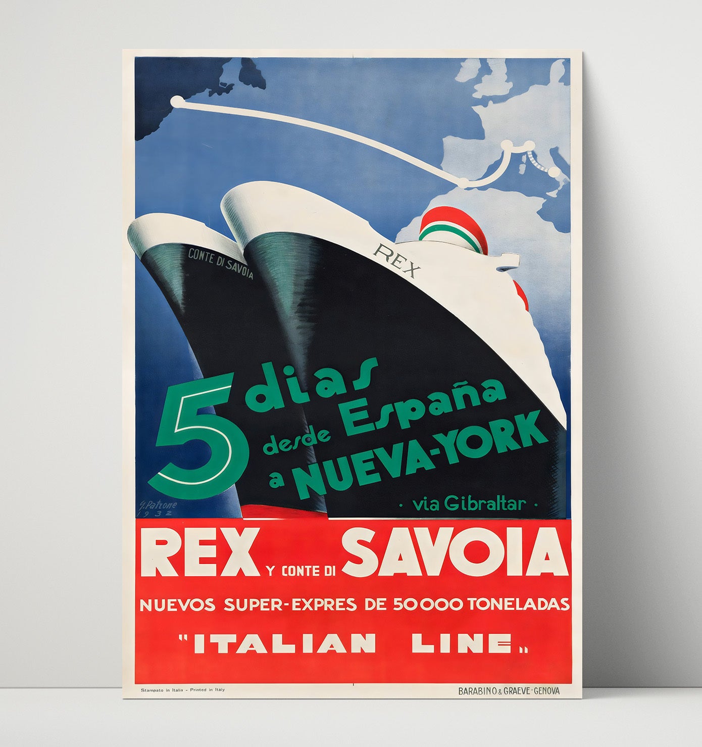 Italian Line Rex Ship Vintage Travel Print 16x20 Unframed Print travel wall art print
