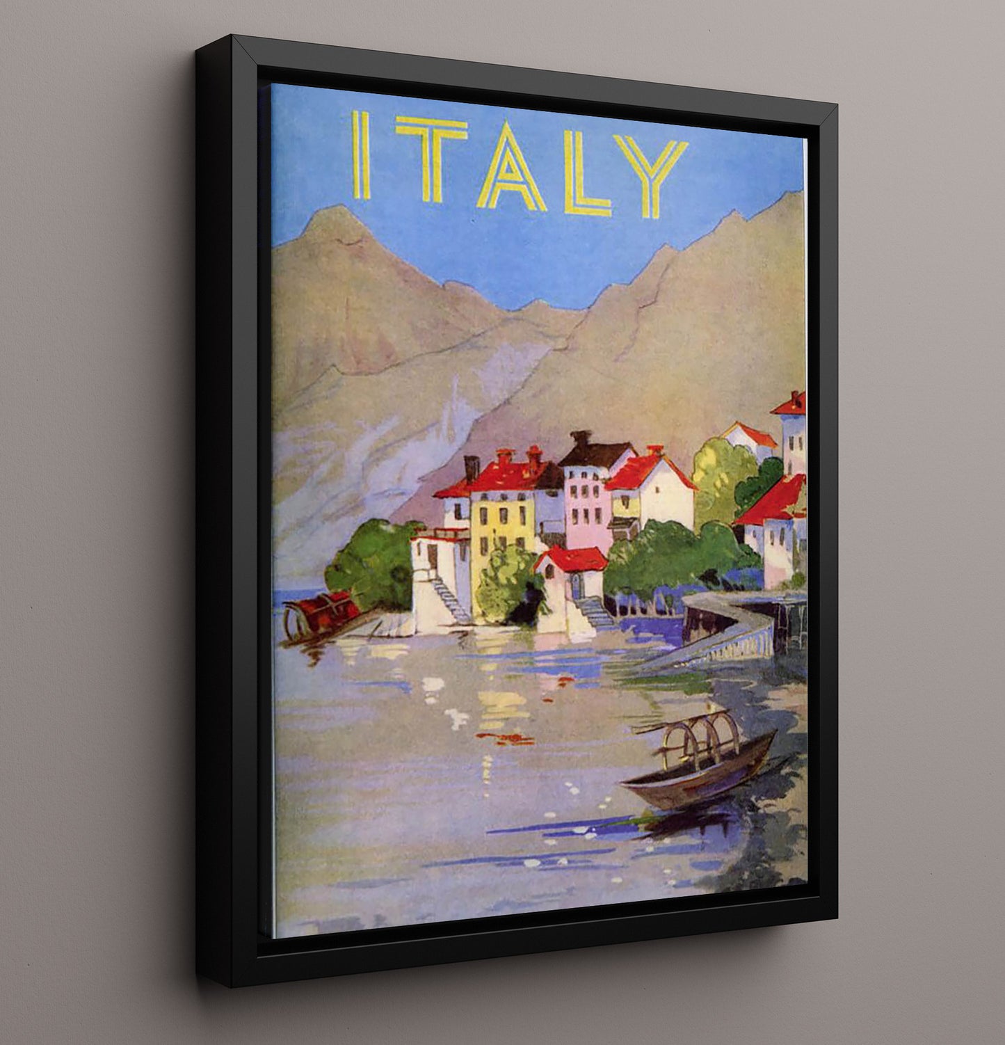 Italy Lakeside Village Vintage Travel Print 16x20 Framed Canvas travel wall art print