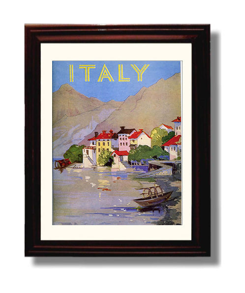 Italy Lakeside Village Vintage Travel Print 8x10 Beveled Frame travel wall art print